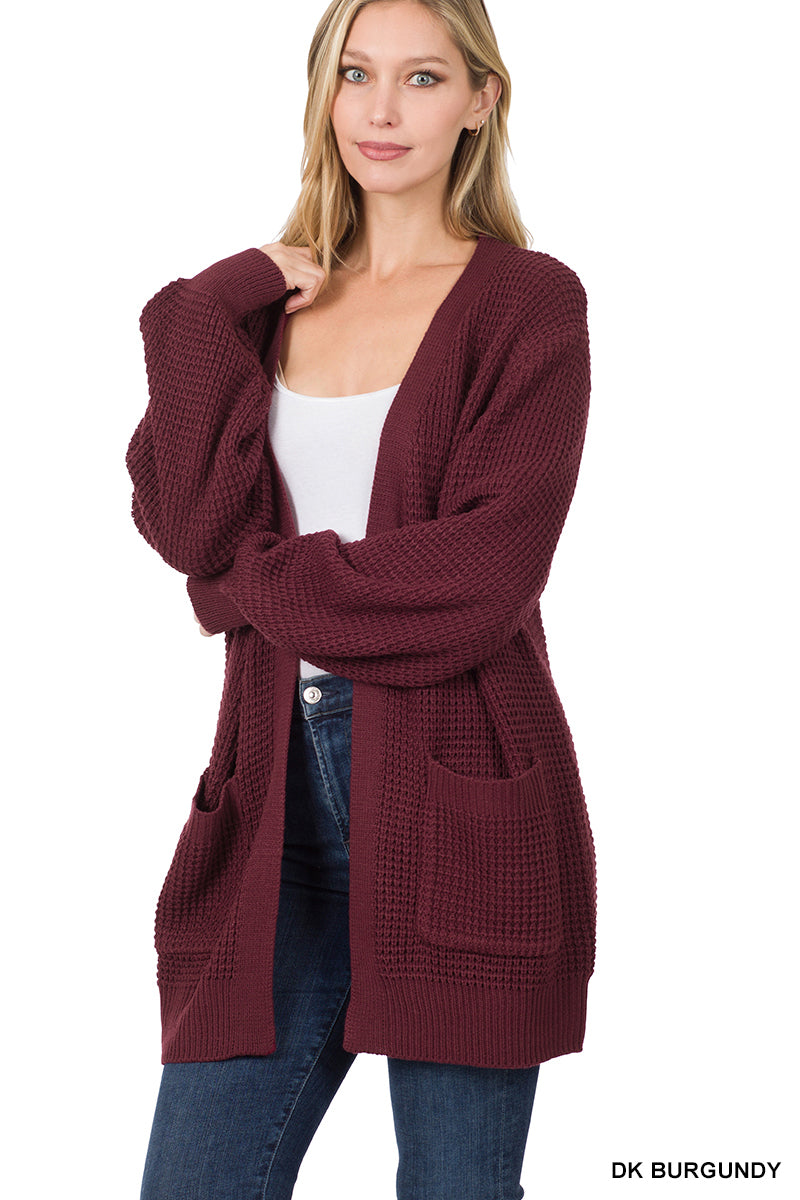 Waffle Open Cardigan Sweater - Dark Burgundy