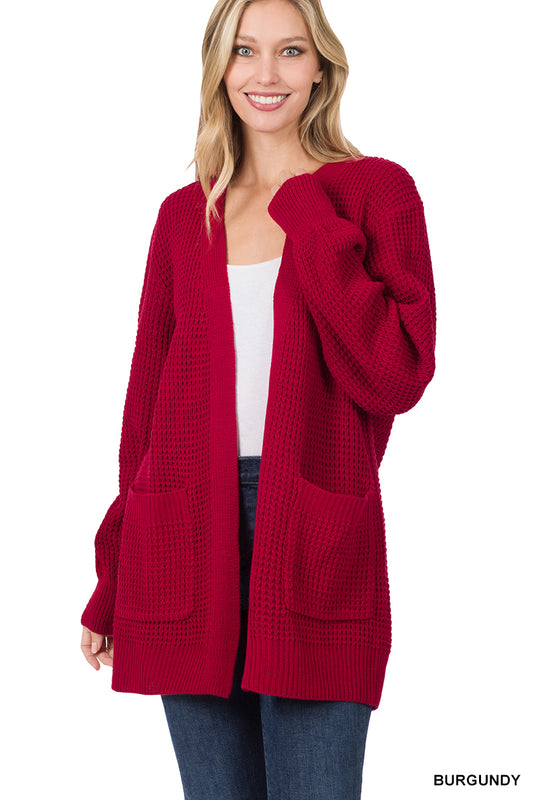 Waffle Open Cardigan Sweater - Burgundy