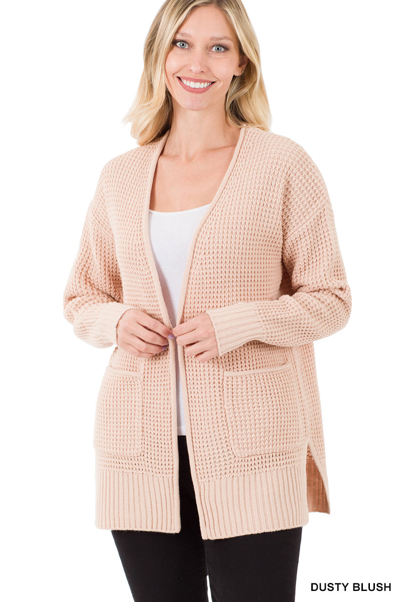 Waffle Open Cardigan Sweater - Dusty Blush