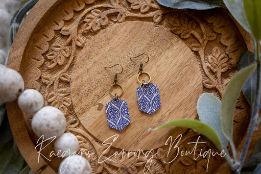 Hexagon Leather Earrings: Blue Scroll