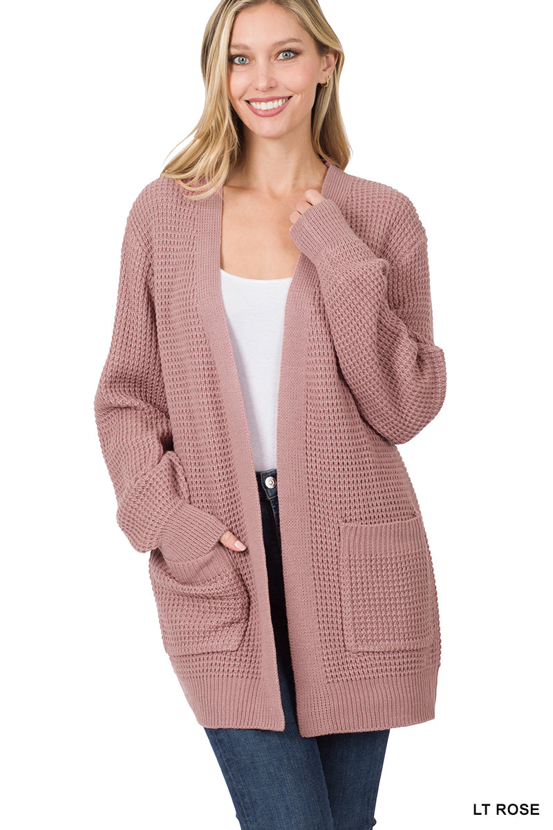 Waffle Open Cardigan Sweater - Light Rose