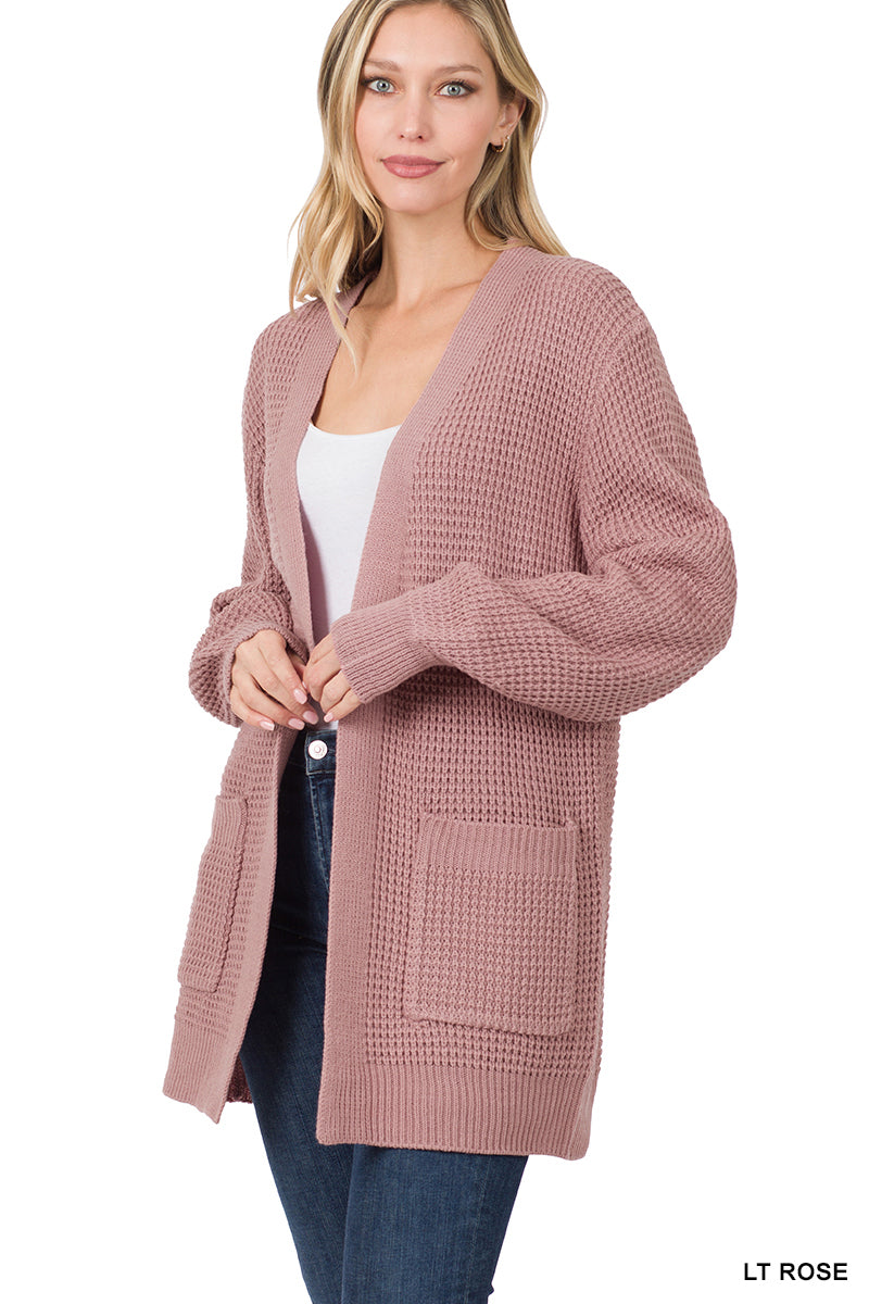 Waffle Open Cardigan Sweater - Light Rose