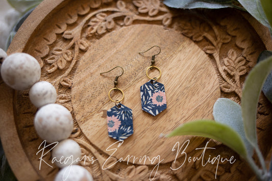 Hexagon Cork Earrings: Royal Floral Abstract